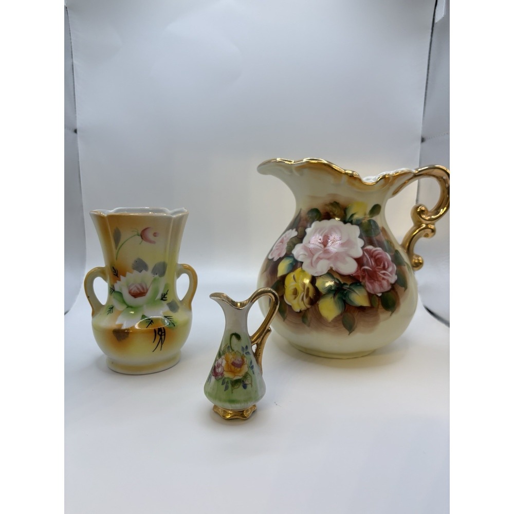 Lot Of 3 Antique Japanese Dishes Vintage Pitcher Vase Ceramics Ucagco 40s 50s 60